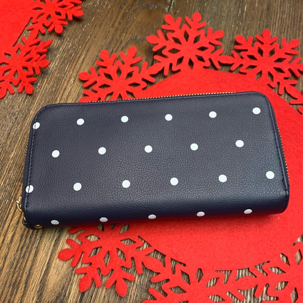 Blue polka dotted double zipper wallet